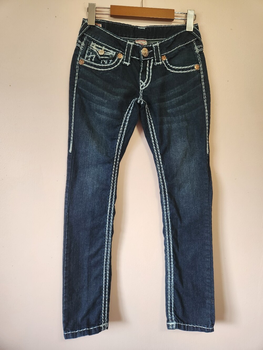True Religion Joey Super T Y2K Thick Stitch Flap Pocket Dark Wash Jeans Size 28